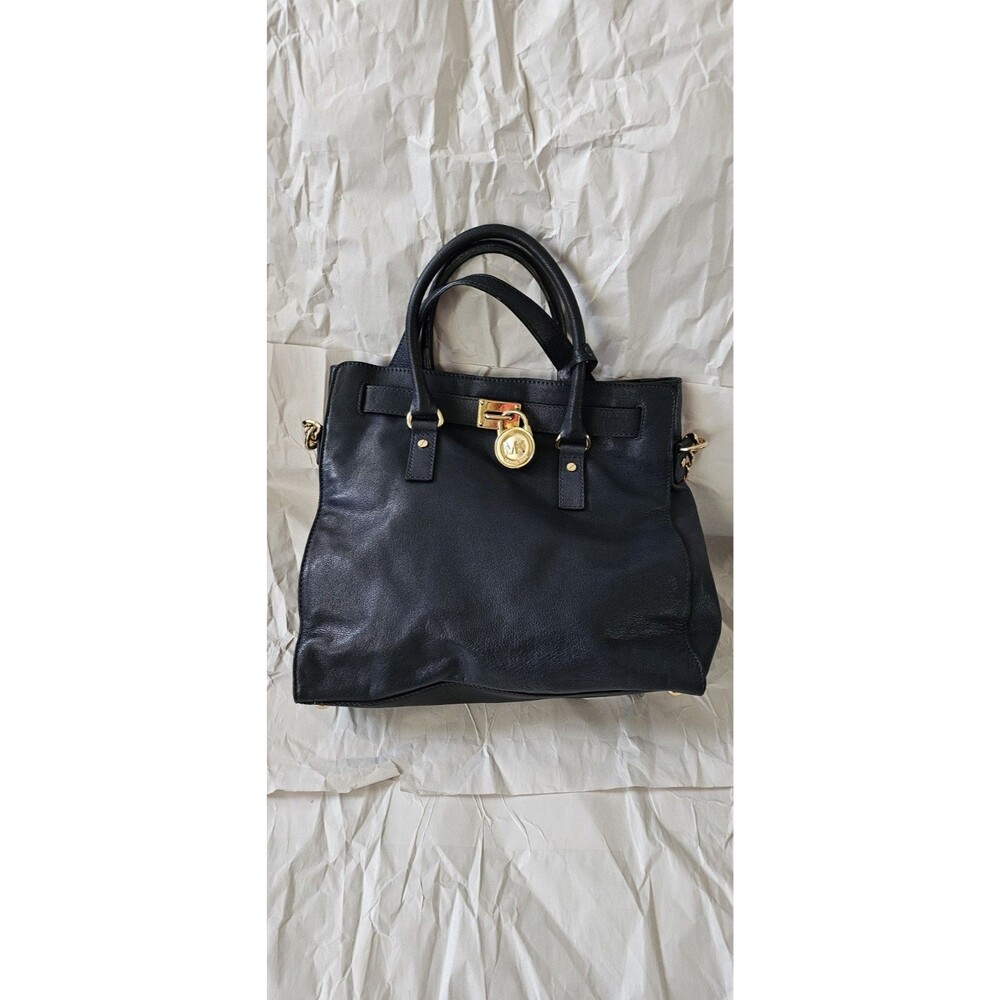 Michael Kors Black Satchel Bag Gold Hardware Lock Chain Strap Designer